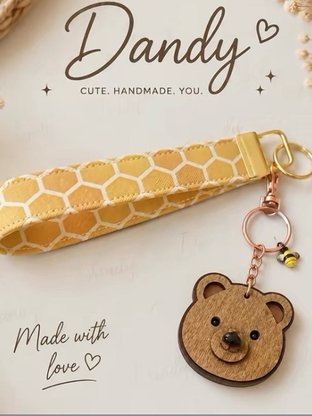 Honeycomb Wristlet Keychain with Wooden Bear Charm - Yellow